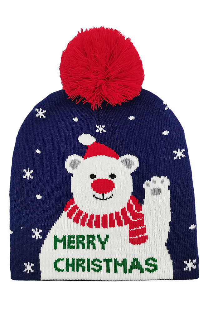Women's Merry Christmas Bear Christmas Holiday Pom Beanie in Navy