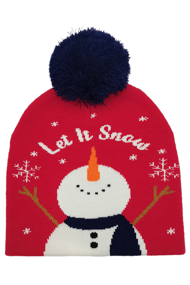 Women's Let It Snow Christmas Holiday Pom Beanie in Red
