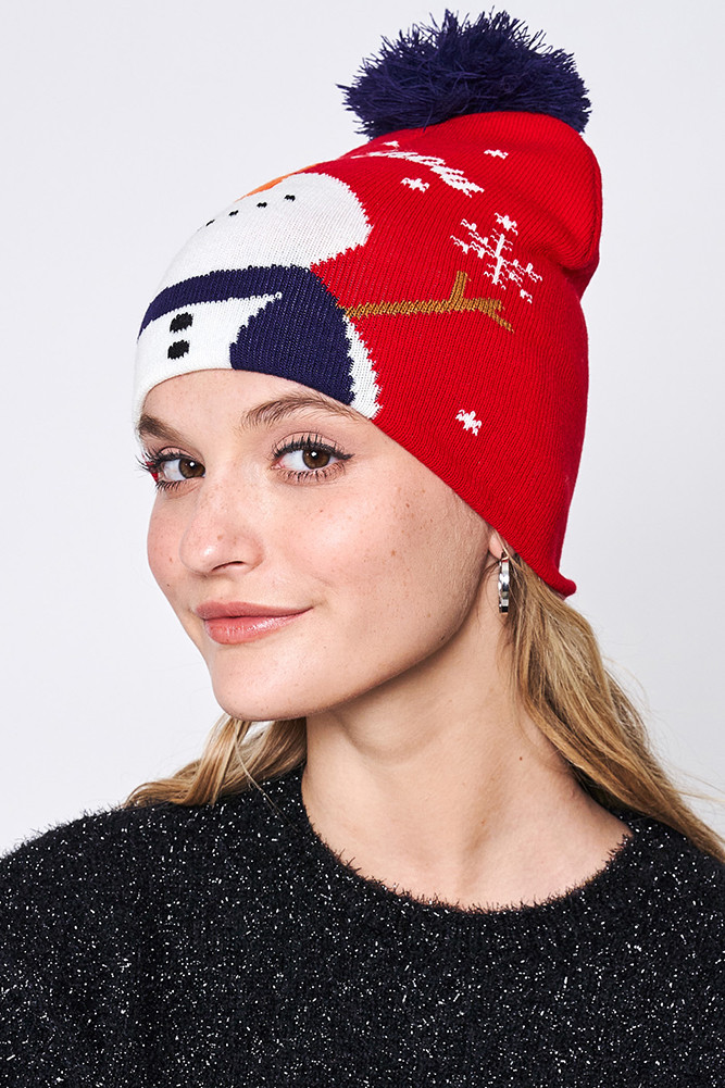 Women's Let It Snow Christmas Holiday Pom Beanie in Red