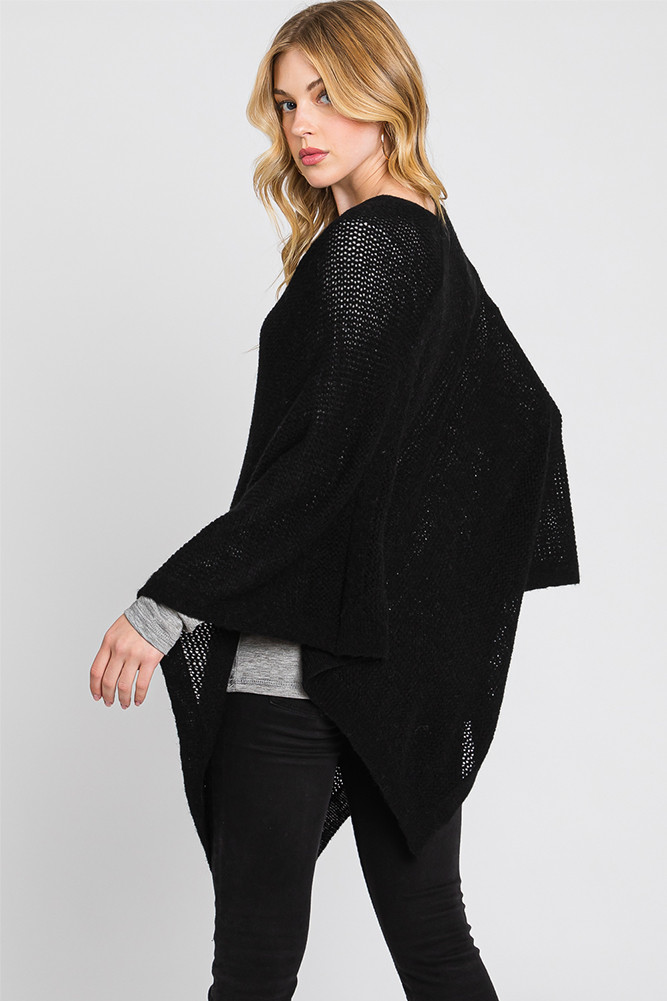 Women's Solid Loose Knit Poncho in Black