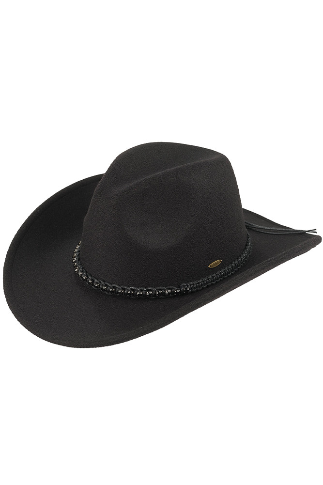 Women's Rhinestone String Band Vegan Cowboy Hat in Black