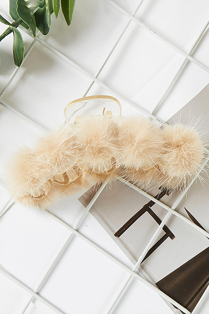 Women's Solid Short Faux Fur Hair Claw in Beige