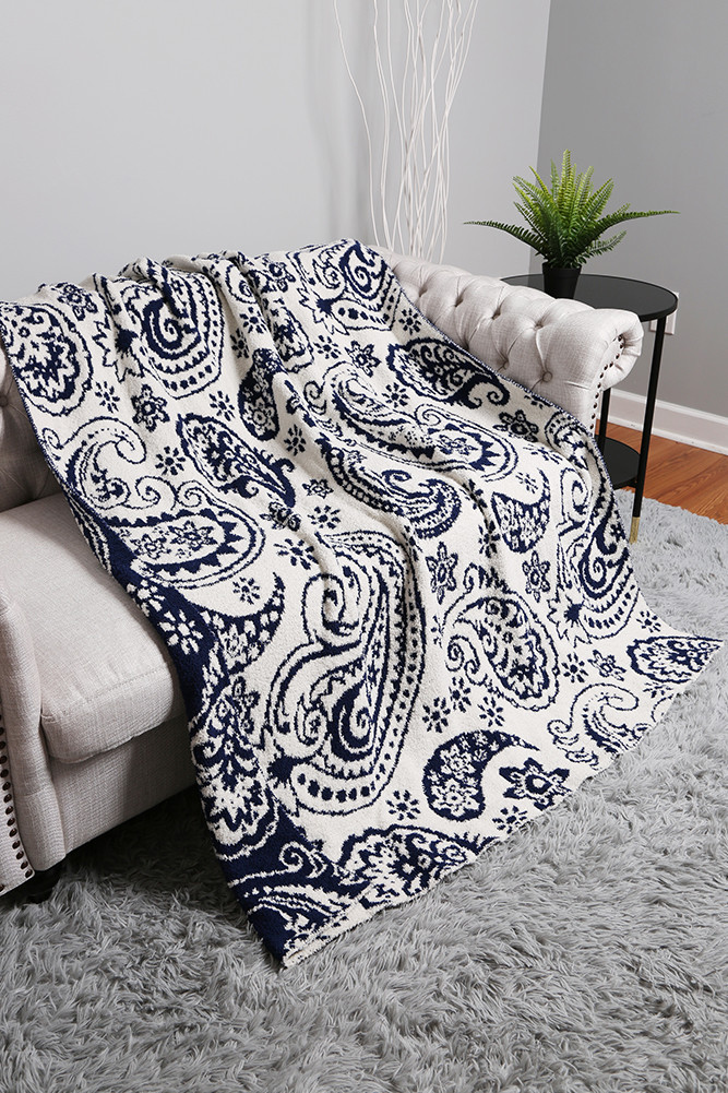 Paisley Throw Blanket for Couch and Bed in Navy