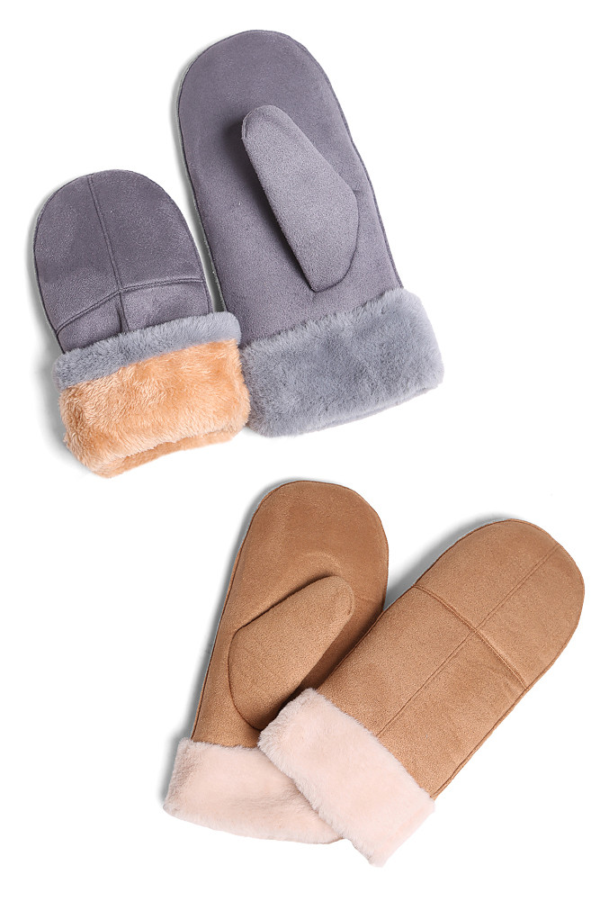 Women's Suede Faux Fur Cuffs Mittens by BURACQ