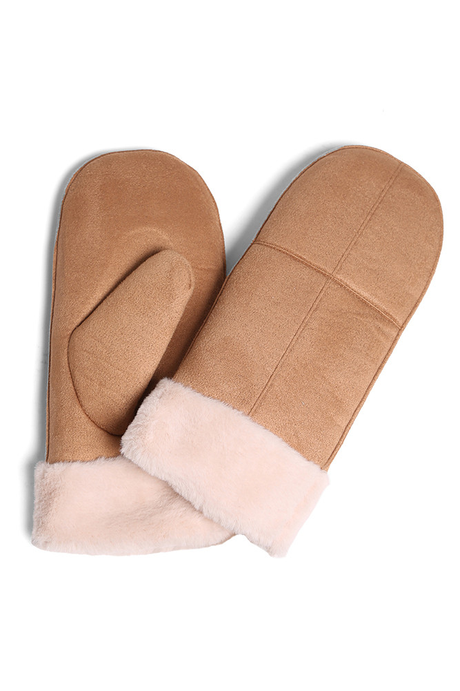 Women's Suede Faux Fur Cuffs Mittens in Camel