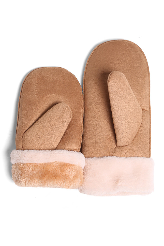 Women's Suede Faux Fur Cuffs Mittens in Camel