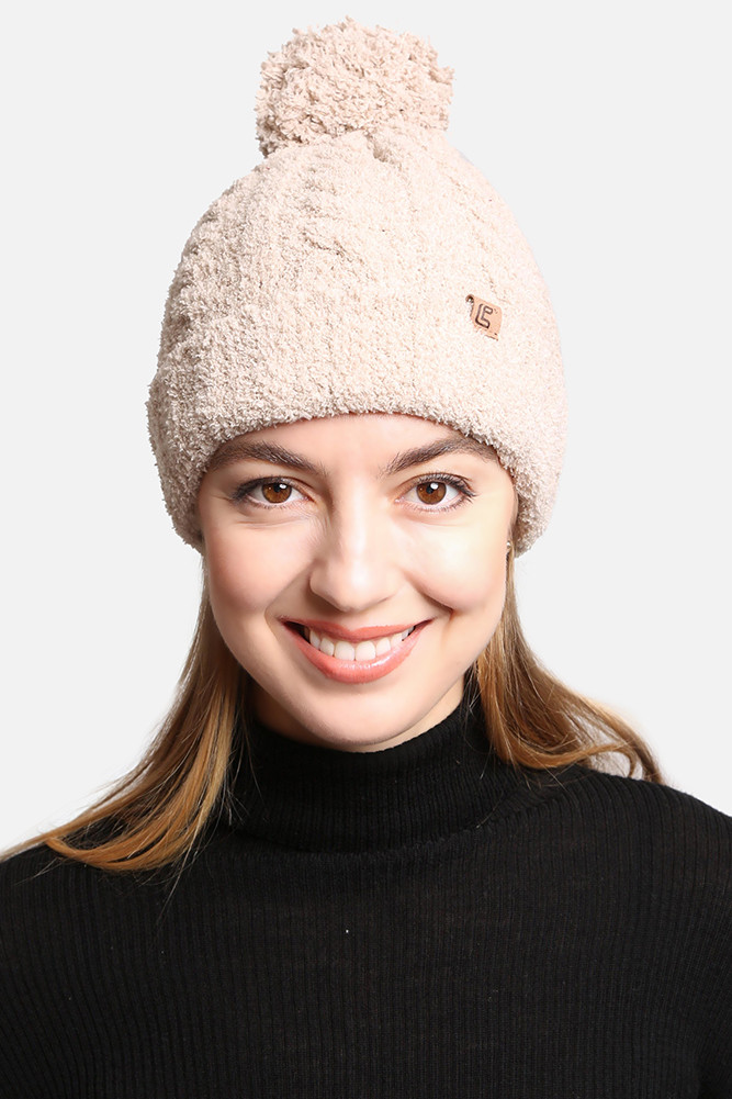 Women's Solid Pom Beanie in Beige