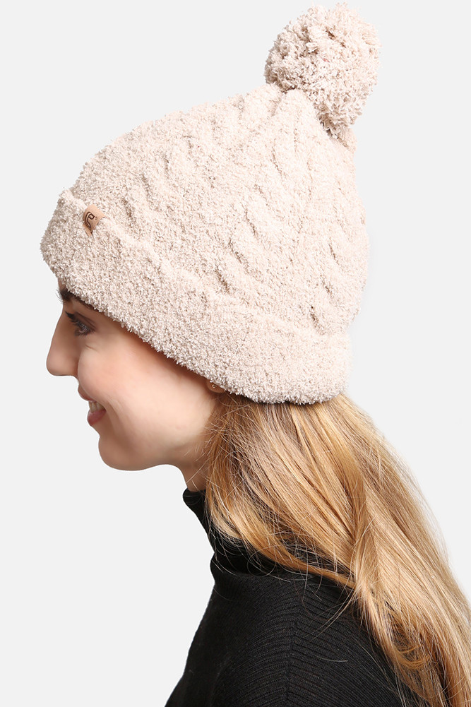 Women's Solid Pom Beanie in Beige