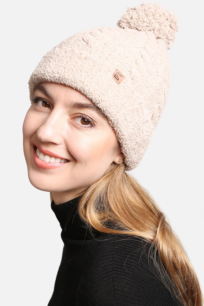 Women's Solid Pom Beanie in Beige