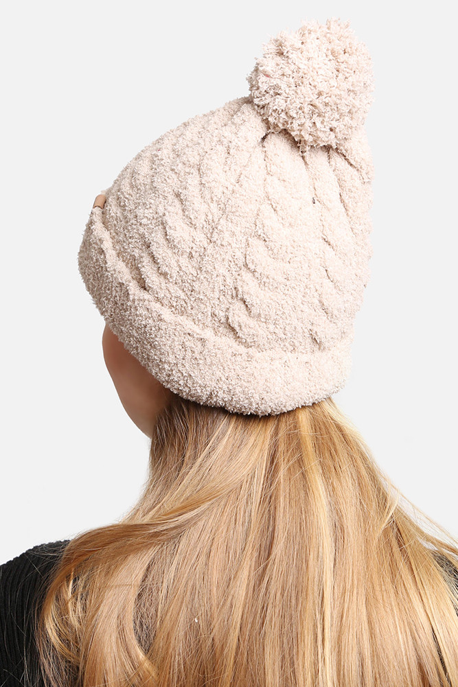 Women's Solid Pom Beanie in Beige