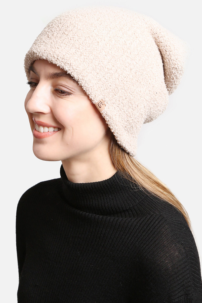 Women's Double Layered Solid Beanie in Beige