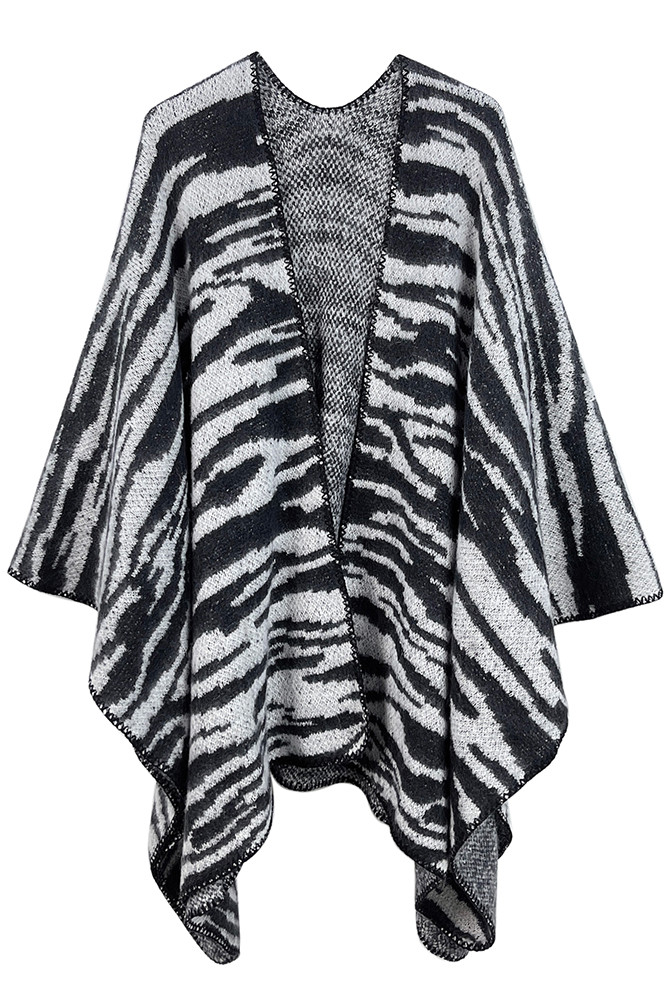 Women's Open Front Zebra Knit Kimono in Black