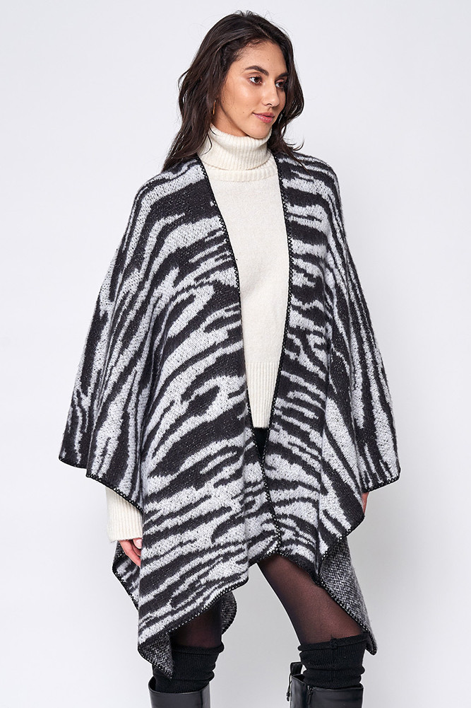 Women's Open Front Zebra Knit Kimono in Black