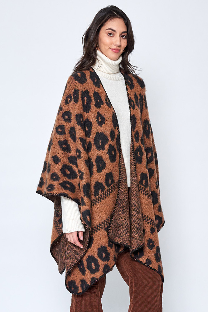 Women's Leopard Print Knit Kimono in Brown
