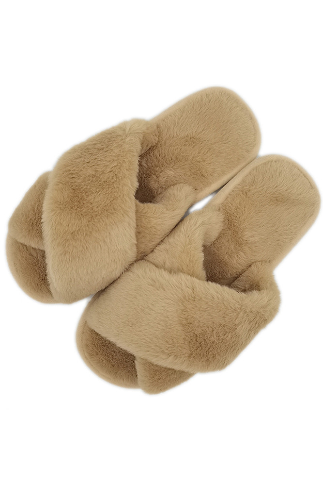 Women's Solid Cross Faux Fur Slippers in Camel