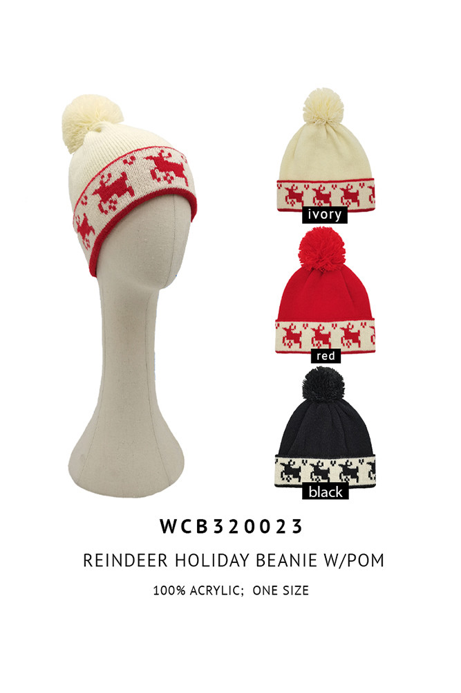 Women's Reindeer Christmas Holiday Pom Beanie by BURACQ