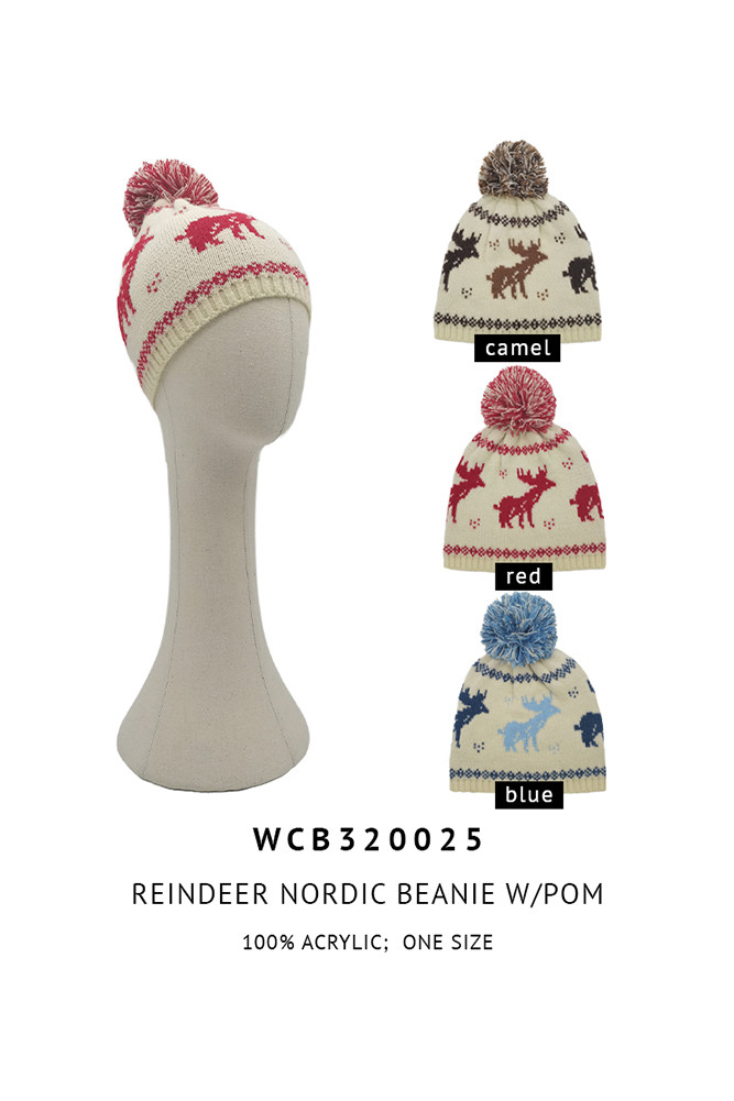 Women's Reindeer Nordic Christmas Holiday Pom Beanie by BURACQ