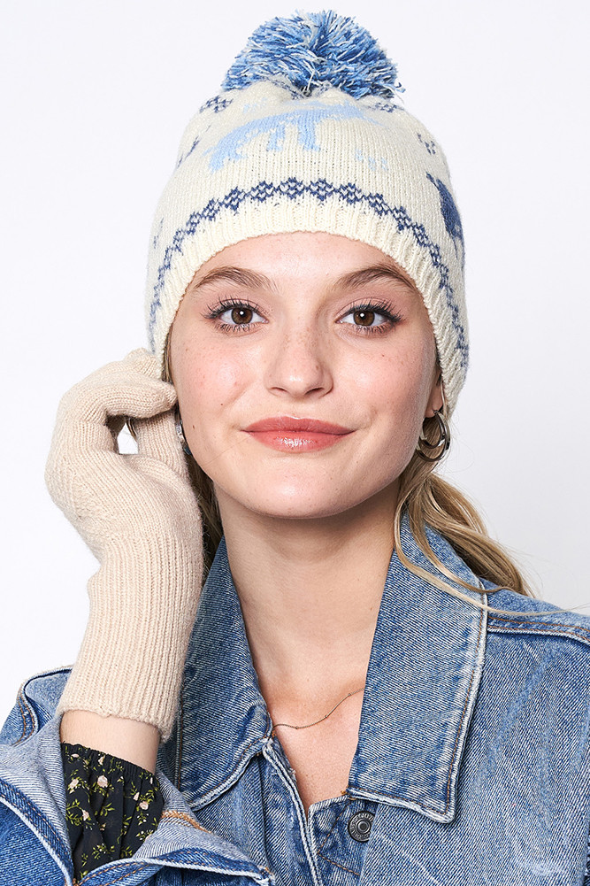 Women's Reindeer Nordic Christmas Holiday Pom Beanie in Blue