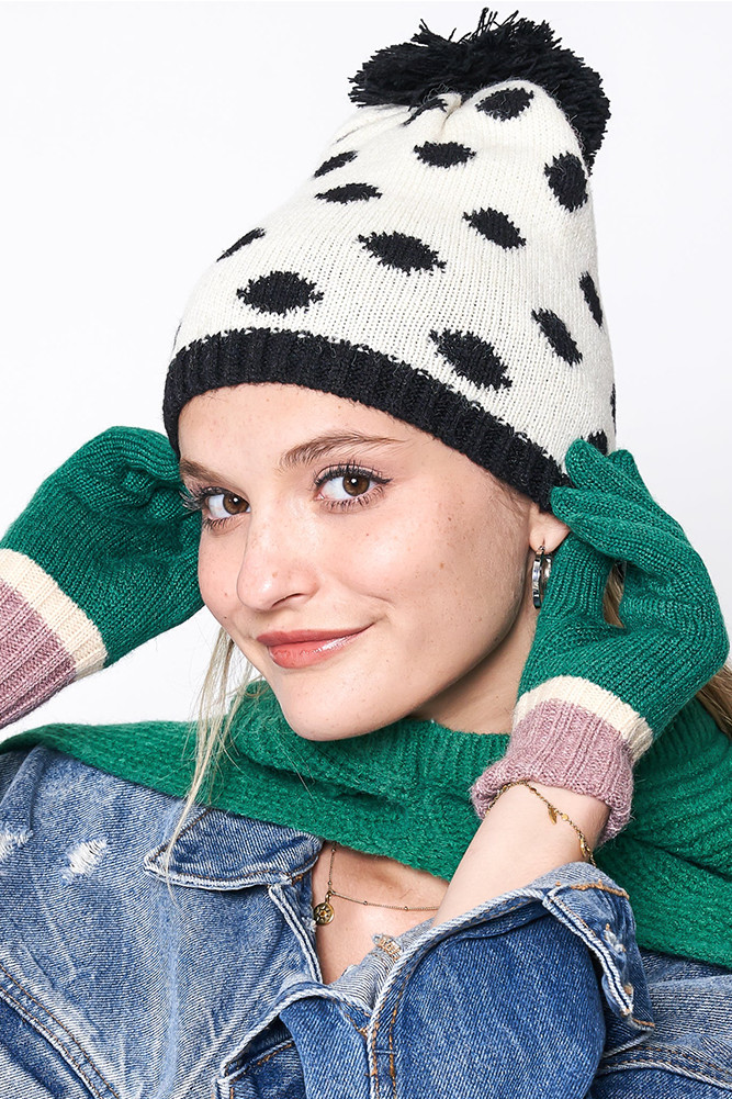 Women's Polka Dot Christmas Holiday Theme Pom Beanie in Black