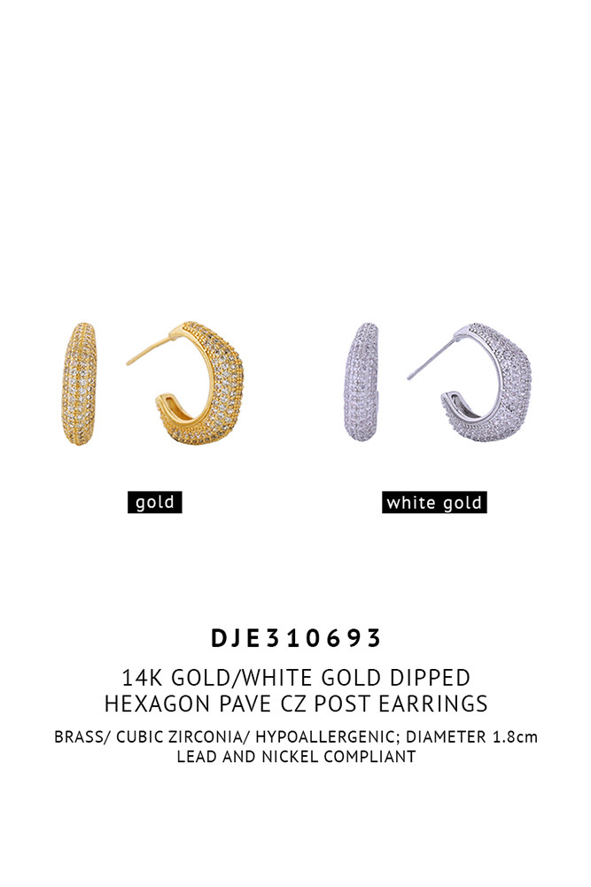 Women's 14K Gold Dipped Hexagon Pave CZ Stud Earrings — earrings photo 2
