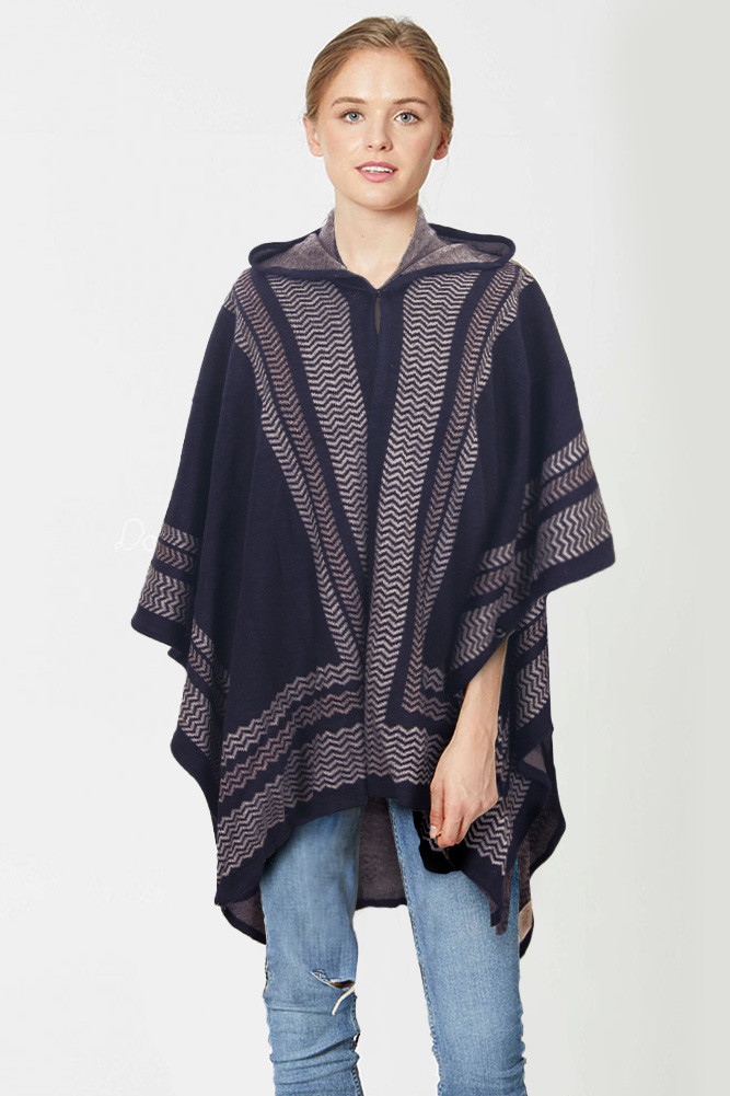 Women's Chevron Pattern Lined Hooded Kimono in Navy by BURACQ