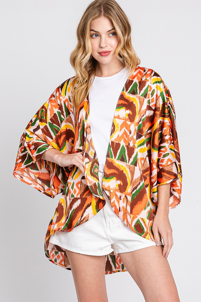 Women's Boho Print Sleeve Cover-Up Cardigan in Brown