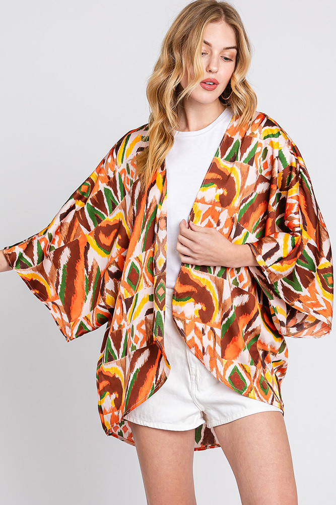 Women's Boho Print Sleeve Cover-Up Cardigan in Brown