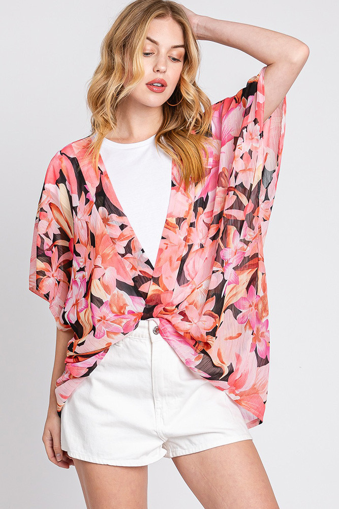 Women's Floral Print Cover-Up Cardigan in Black