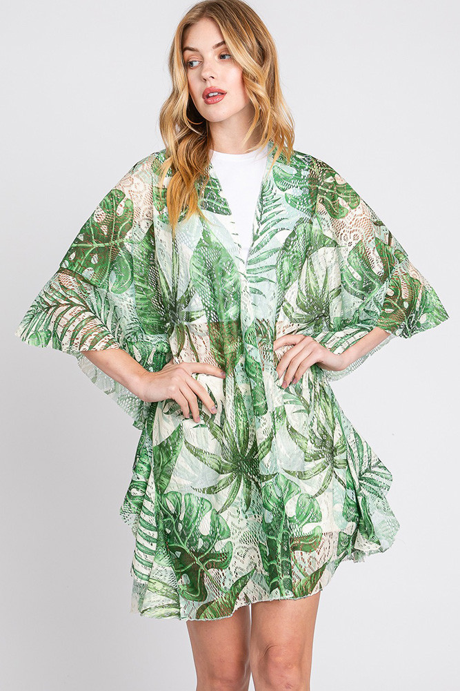 Women's Ruffle Lined Tropical Leaves Crochet Cover-Up by BURACQ