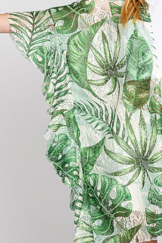 Women's Ruffle Lined Tropical Leaves Crochet Cover-Up — cover-up photo 7