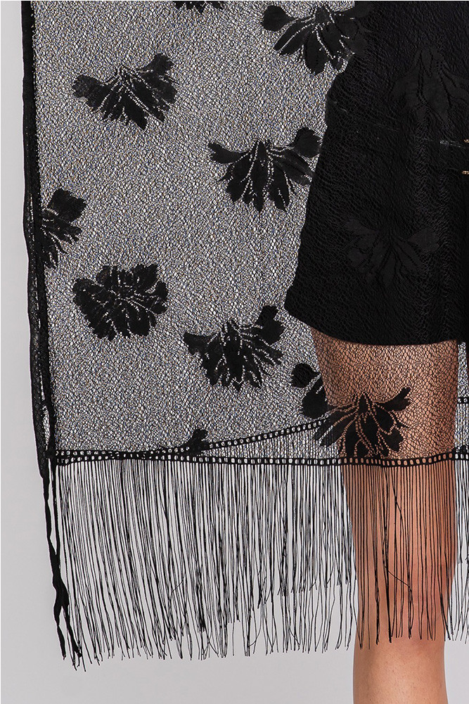 Women's Floral Lace Poncho with Tassel in Black