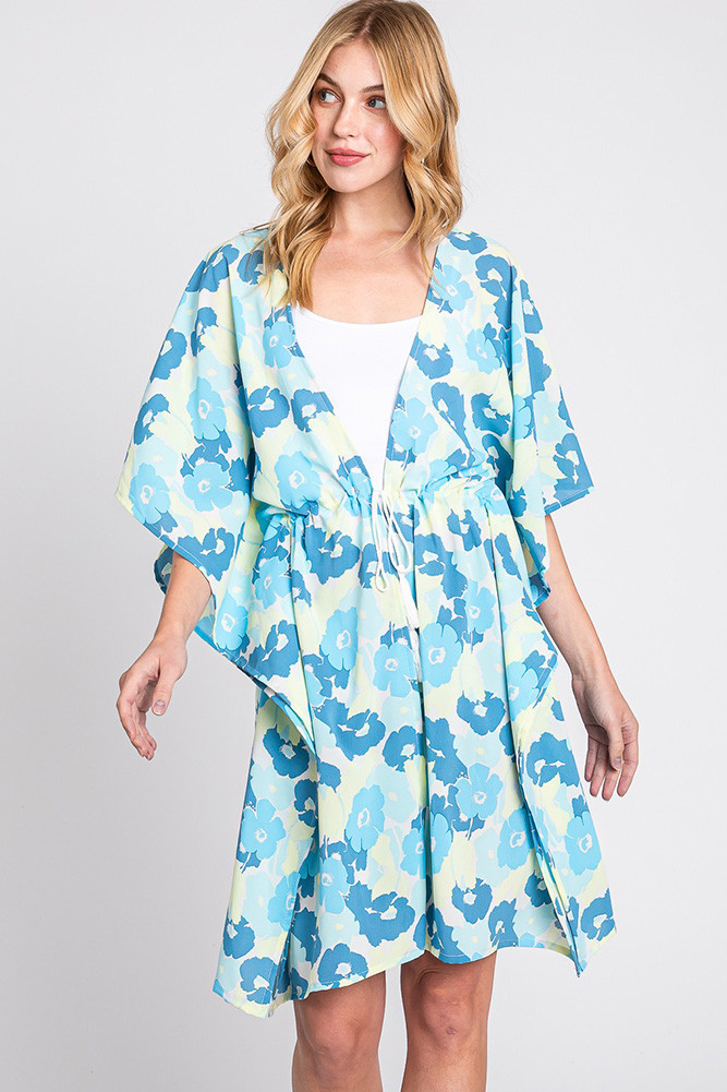 Women's Daisy Tie Drawstring Open Front Cover-Up in Blue