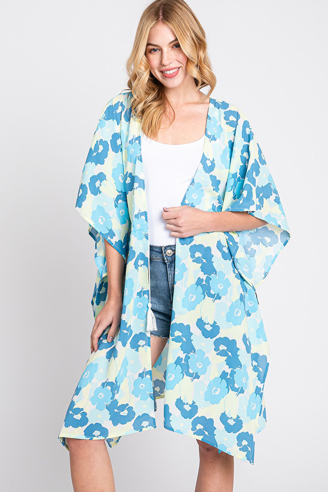 Women's Daisy Tie Drawstring Open Front Cover-Up in Blue