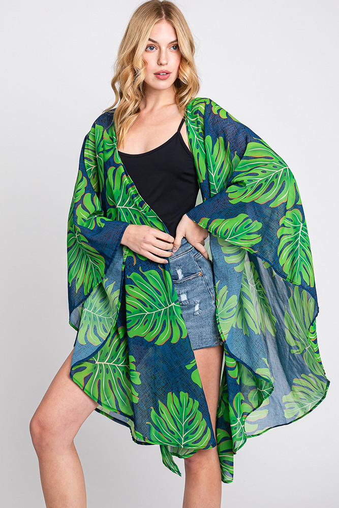 Women's Tropical Leaves Print Shawl Cover-Up — cover-up photo 6
