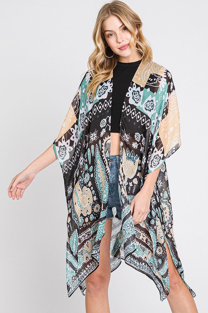Women's Geometric Boho Print Kimono in Green