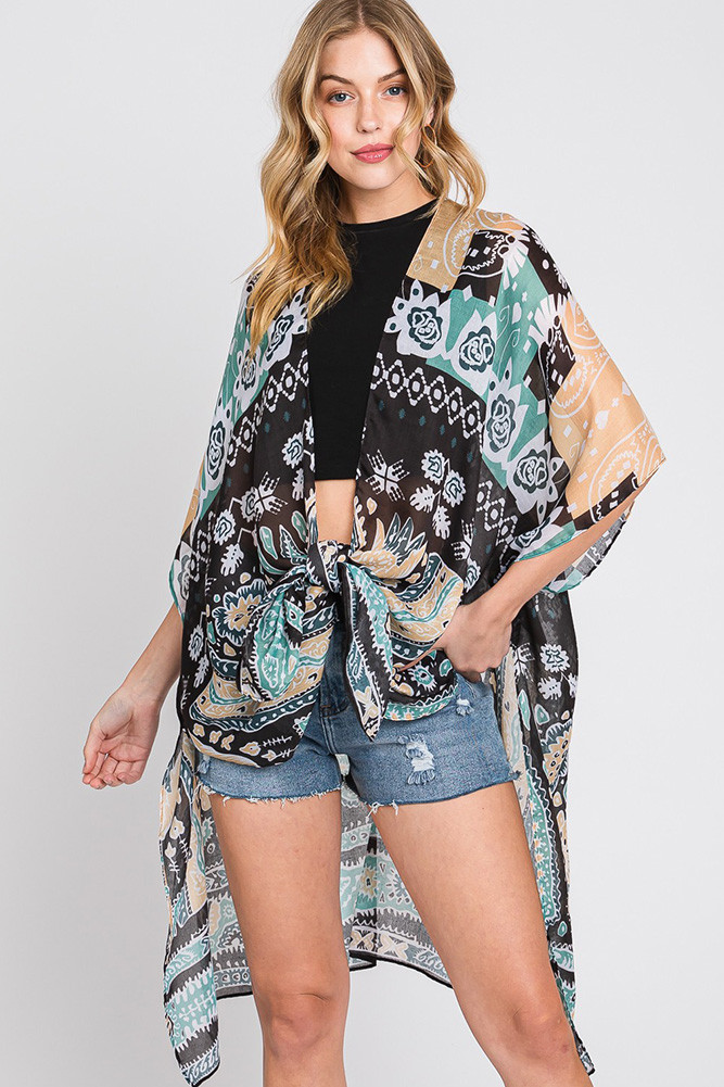 Women's Geometric Boho Print Kimono in Green
