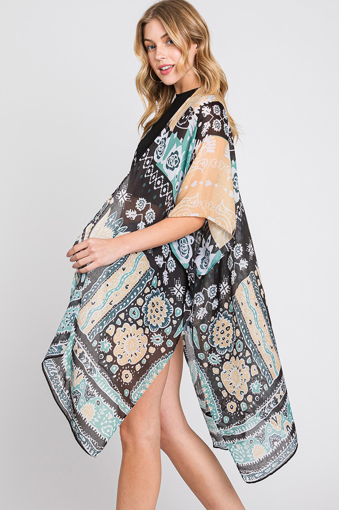 Women's Geometric Boho Print Kimono in Green