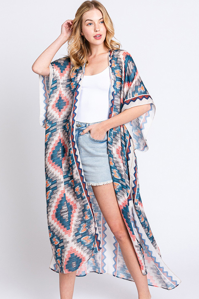 Women's Aztec Print Open Front Long Kimono in Beige