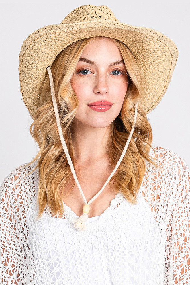 Women's Chin Strap Cowboy Cowgirl Handmade Hat in Beige