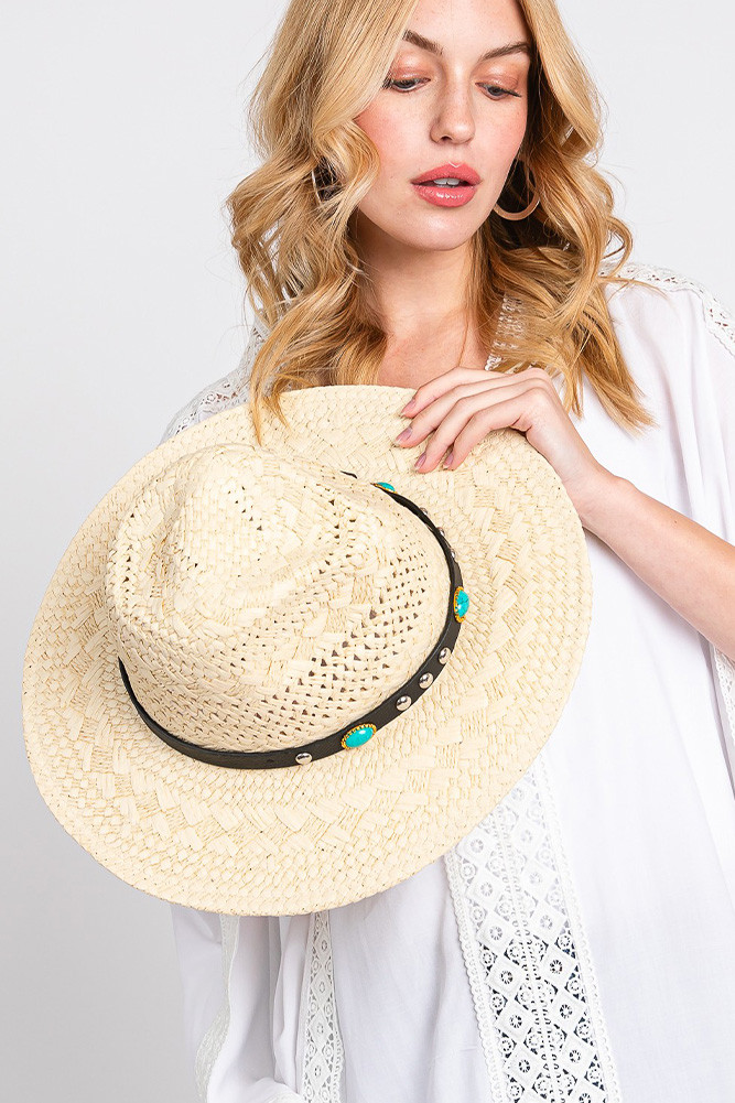 Women's Beaded Band Straw Handmade Sun Hat in Beige