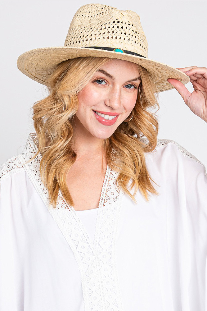 Women's Beaded Band Straw Handmade Sun Hat in Beige