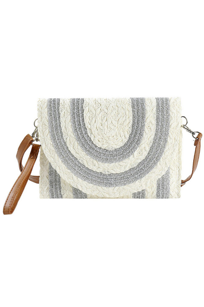 Women's Metallic Gold Striped Pattern Straw Crossbody Bag in Beige