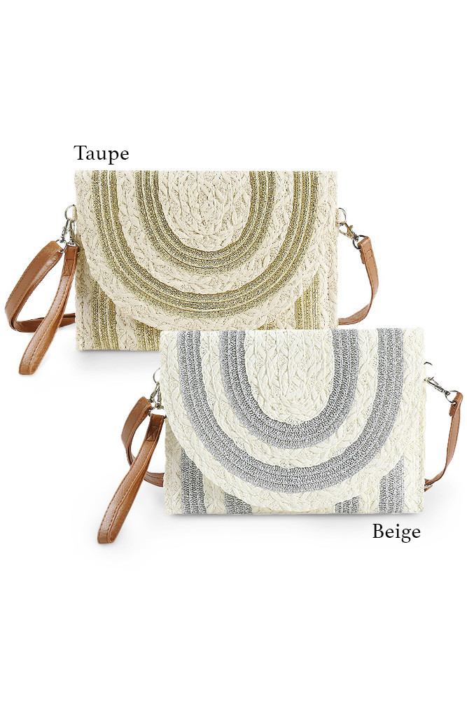 Women's Metallic Gold Striped Pattern Straw Crossbody Bag — crossbody bag photo 3