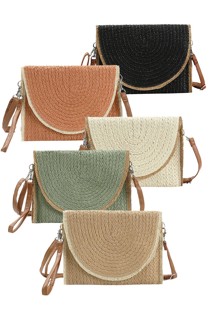 Women's Frayed Trim Two-Tone Straw Clutch Crossbody Bag by BURACQ
