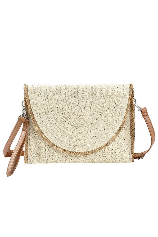 Women's Frayed Trim Two-Tone Straw Clutch Crossbody Bag in Beige