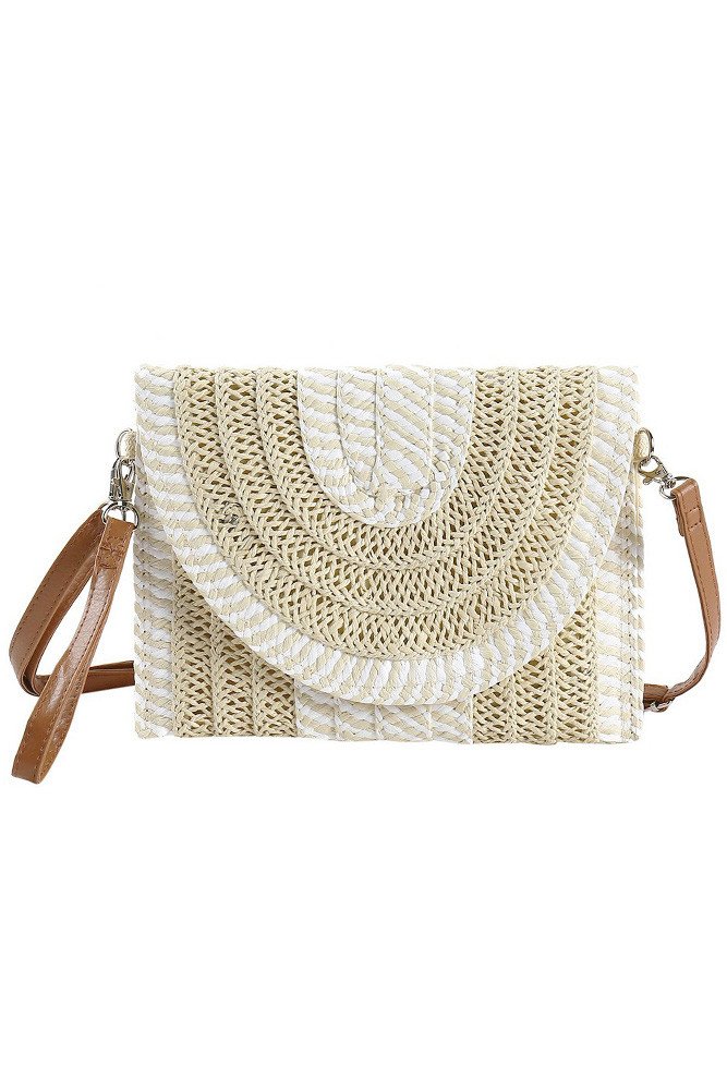 Women's Two-Tone and Stripe Pattern Straw Crossbody Bag in Beige