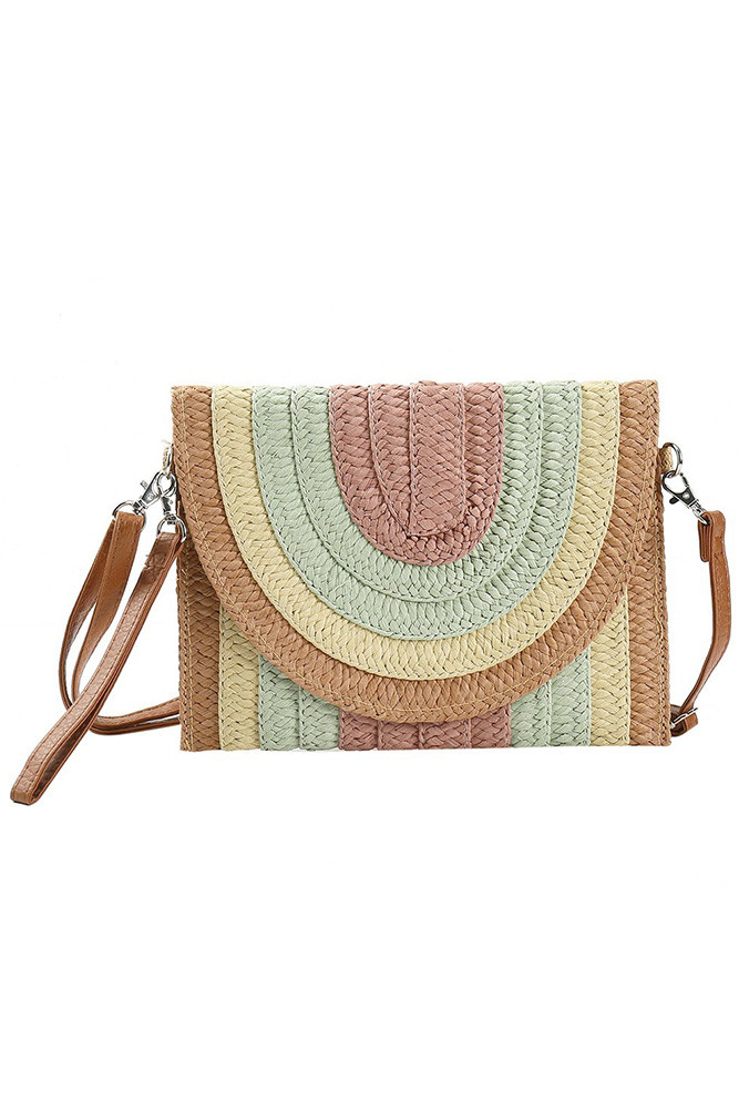 Women's Multicolor Striped Straw Clutch Crossbody Bag in Mauve