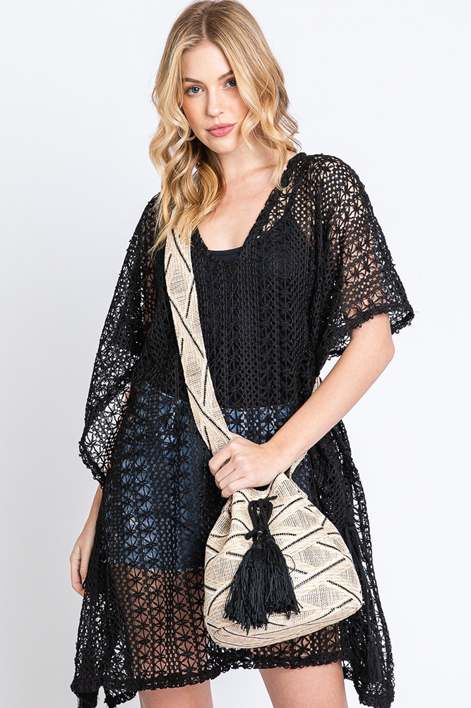 Women's Aztec Pattern Strap Aztec Bucket Bag in Black