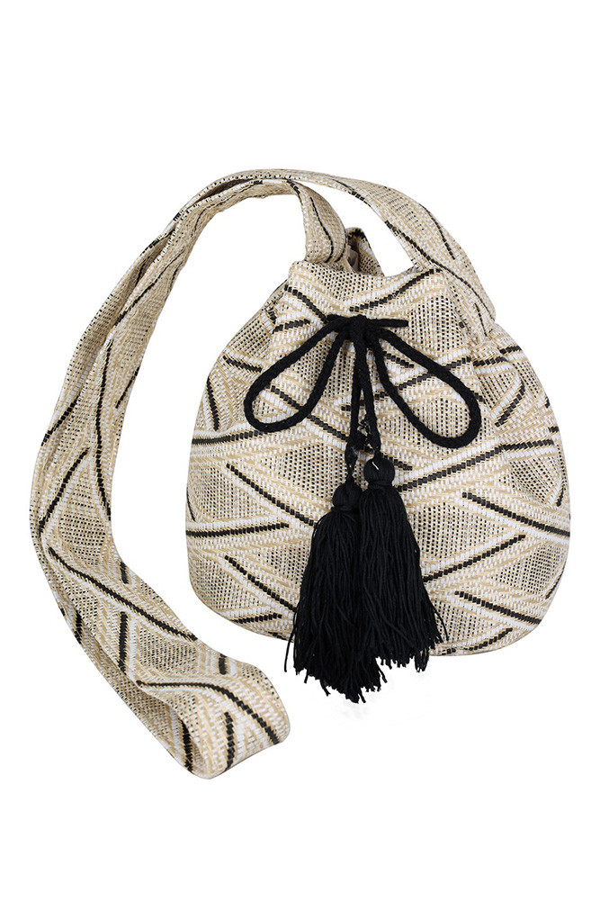 Women's Aztec Pattern Strap Aztec Bucket Bag in Black