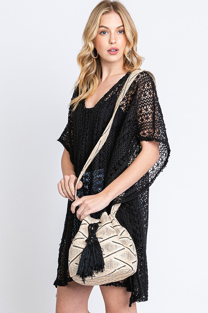 Women's Aztec Pattern Strap Aztec Bucket Bag in Black